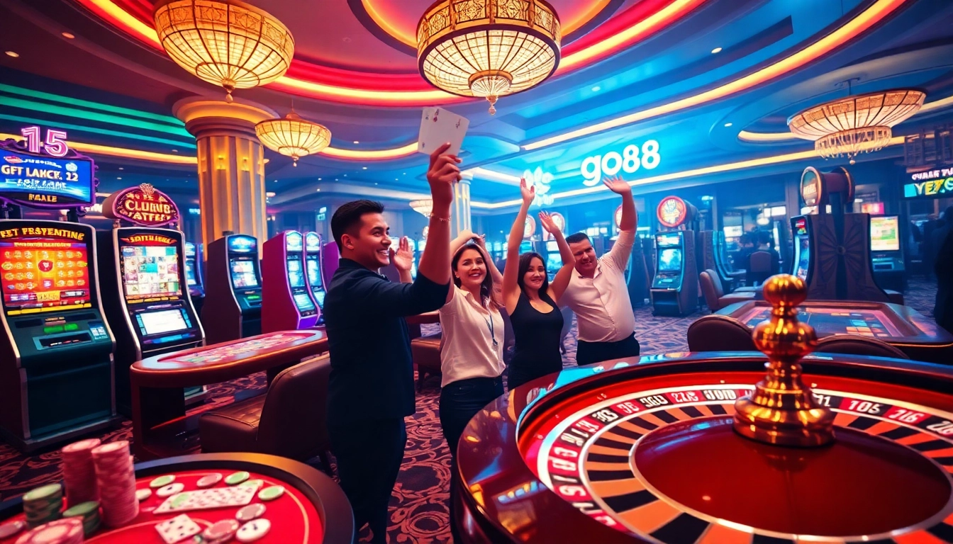 Experience thrilling go88 gaming with vibrant casino tables and players celebrating wins.
