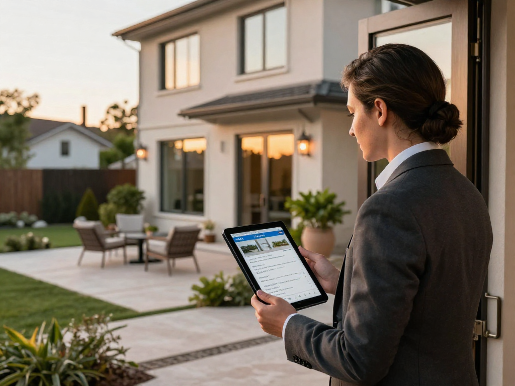 IDXSTAR app showcased by a real estate agent at a modern home during golden hour