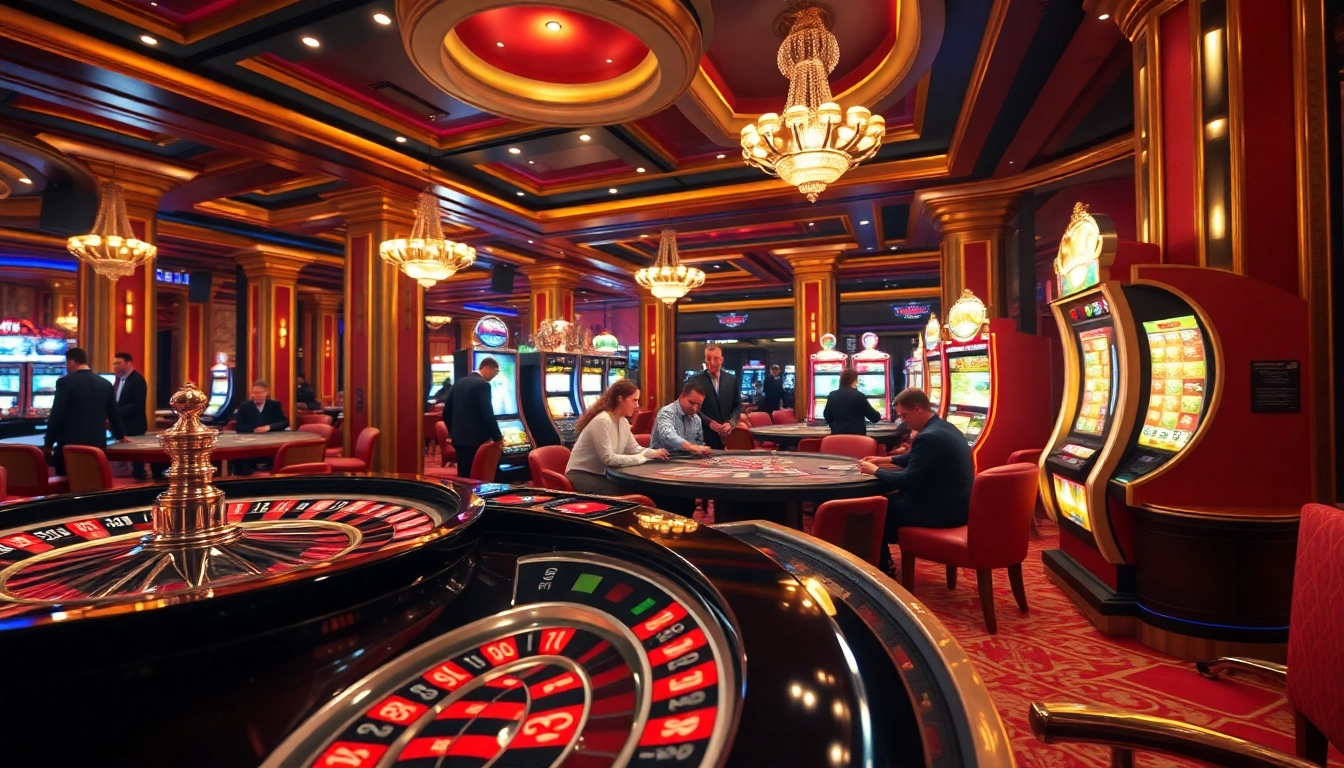 Excited gamblers enjoying a thrilling casino experience at 28BET with roulette, poker, and slot machines.