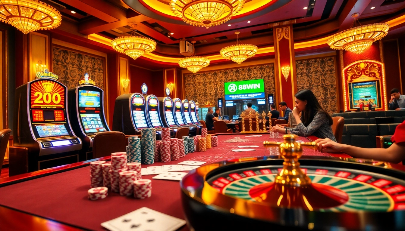 Experience thrilling gameplay with 98WIN at a luxurious casino table filled with poker chips and slot machines.