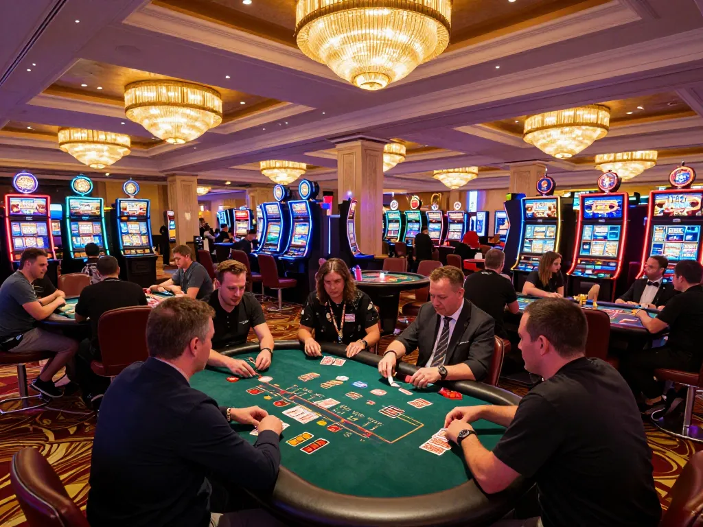 Players engaging in high-stakes blackjack at a vibrant casino floor, showcasing the excitement of https://11win.nl/.