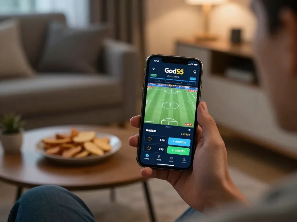 Engaging sports betting experience on the God55 app amidst a cozy home environment