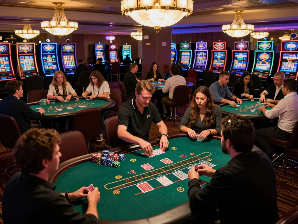 A lively casino scene at HYTW3339 with players actively engaging at poker tables, showcasing the excitement of gaming