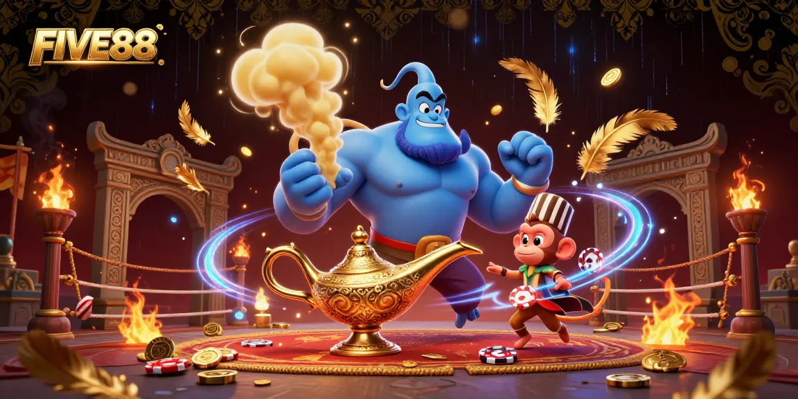 Experience the magic of FIVE88 with a vibrant 3D casino illustration featuring a genie, monkey, and poker chips.