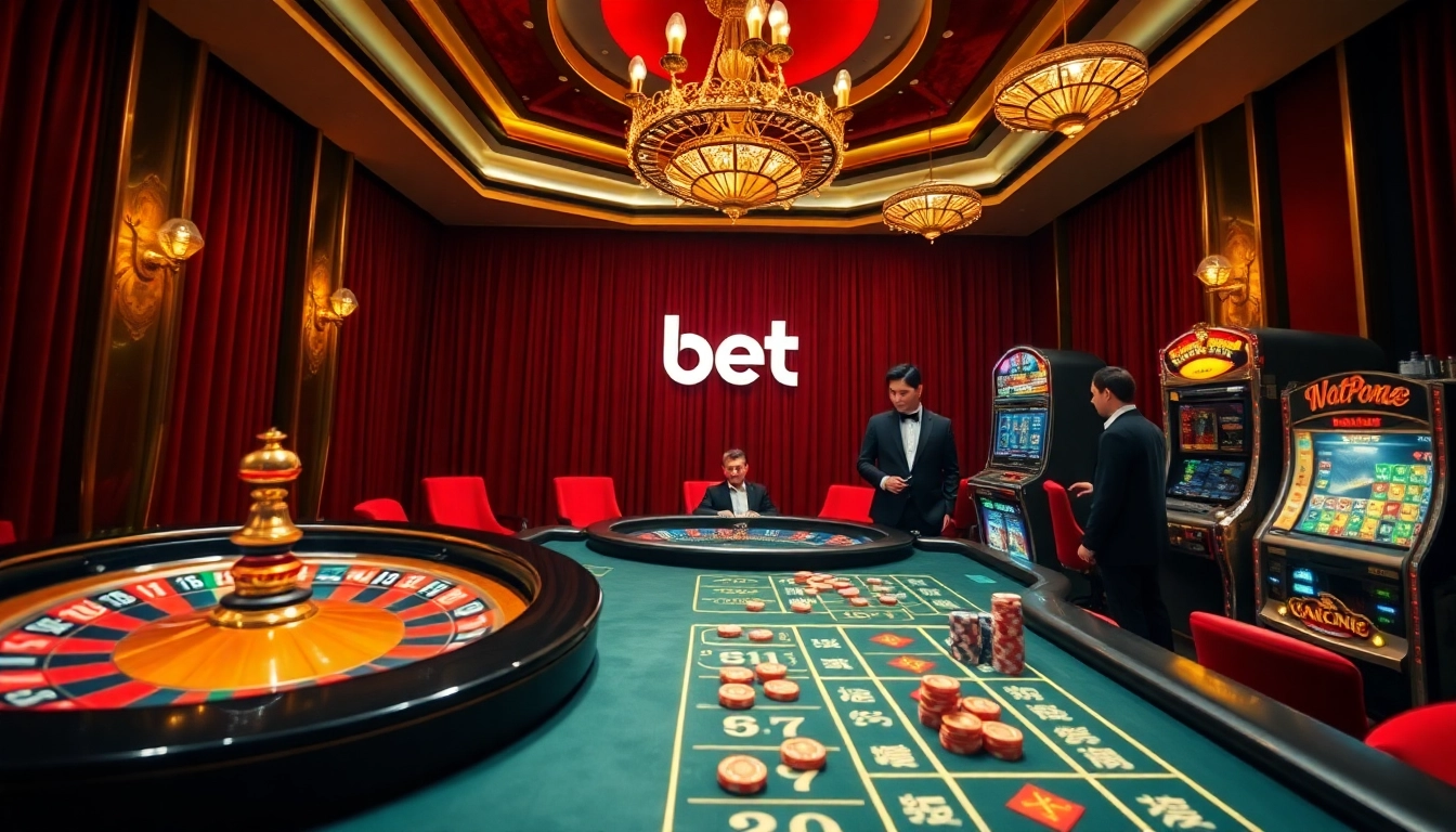 A thrilling moment in the casino featuring bet 88's vibrant poker table, roulette wheel, and illuminated slot machines