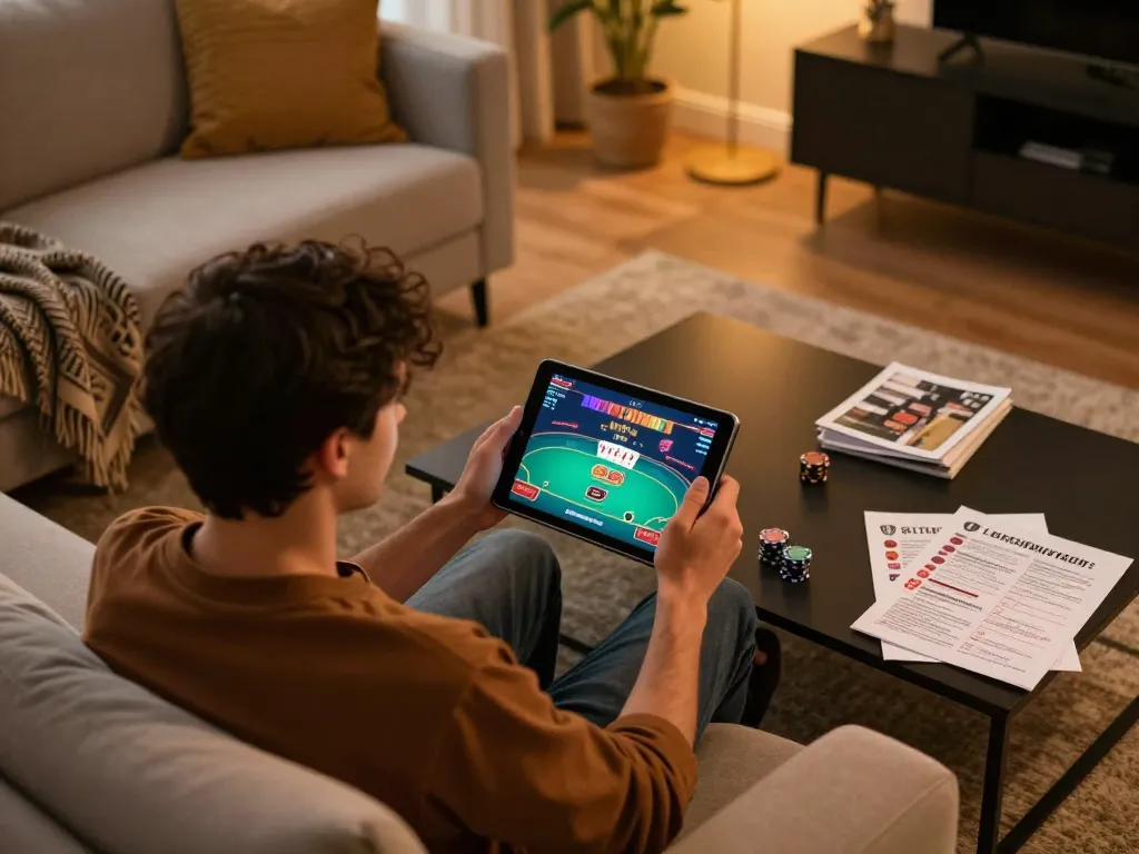 Twin68 player analyzing poker strategy in a cozy home setting.