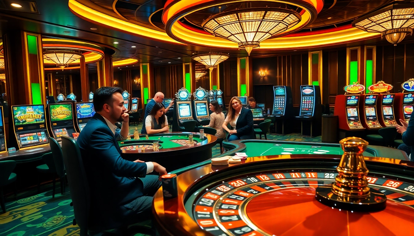 F168 players enjoying an exhilarating experience at an upscale casino with roulette tables and poker games.