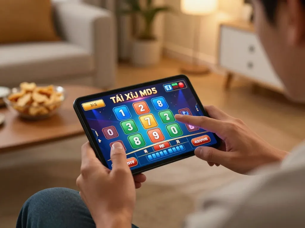 Engaging in Tài Xỉu MD5 on mobile device in a cozy home setup, emphasizing strategic online gambling experience