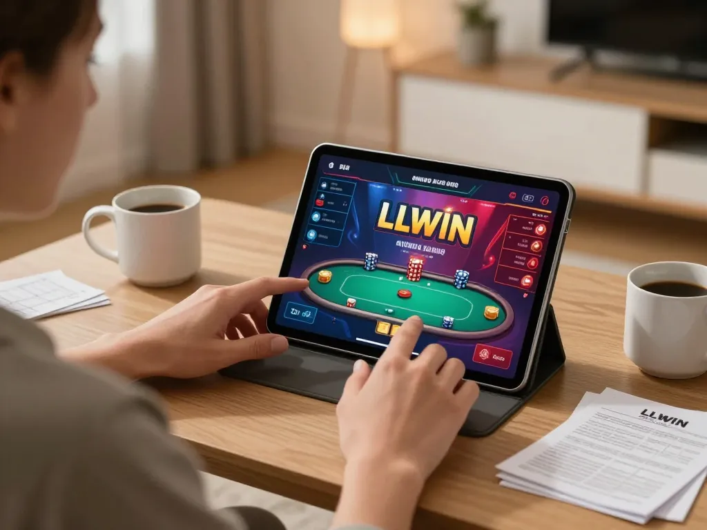 Engaged player at a cozy home setup enjoying poker gameplay on LLWIN app with strategic notes present
