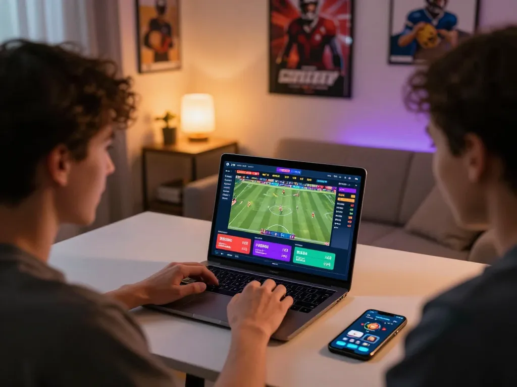 Engaging with onbet, a user placing a live sports bet on a laptop in a cozy home office.