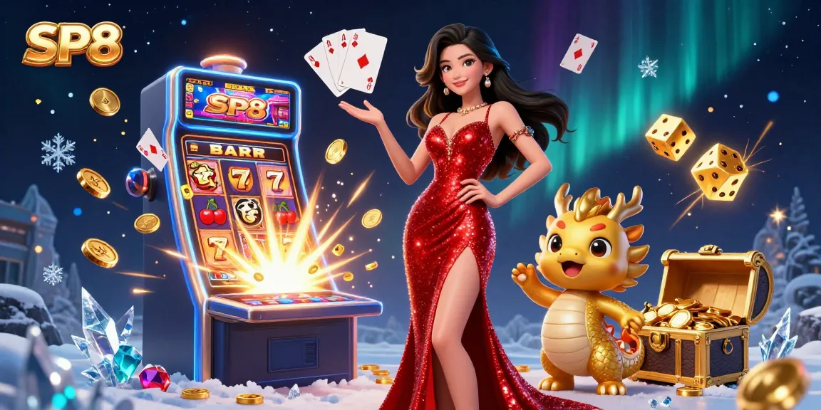 Engage with SP8 casino, featuring a stunning Asian woman in a red gown with a golden dragon mascot, surrounded by dynamic casino game elements.
