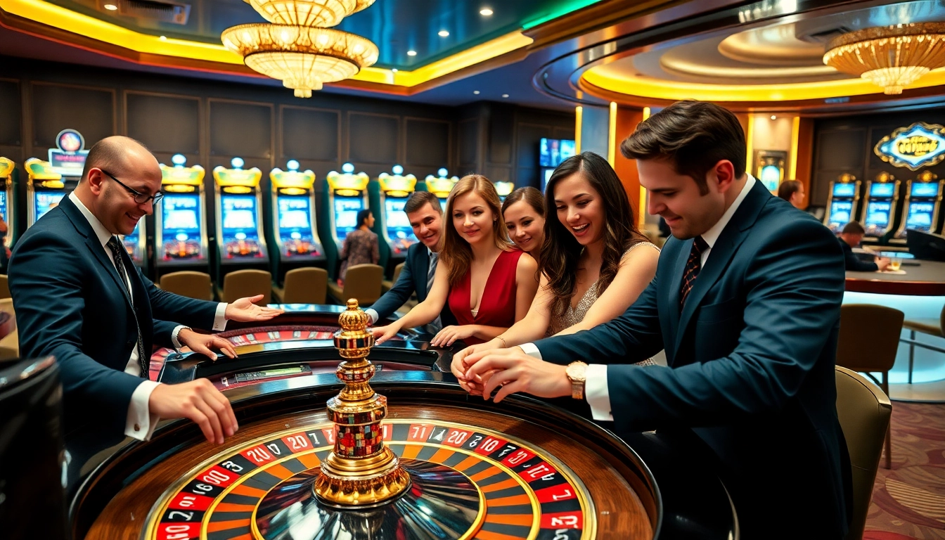Players enjoying a thrilling roulette game at Hubet online casino, with vibrant chips and luxury ambiance.