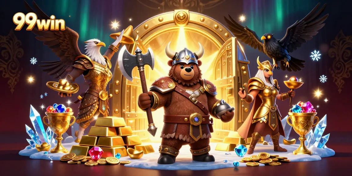 Join the adventure with 99win as Vikings conquer treasures in a vibrant casino scene.