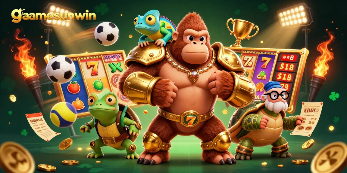 Experience the thrill of gamesunwin with an exciting illustration showcasing a gorilla king amidst colorful slots and sports elements.