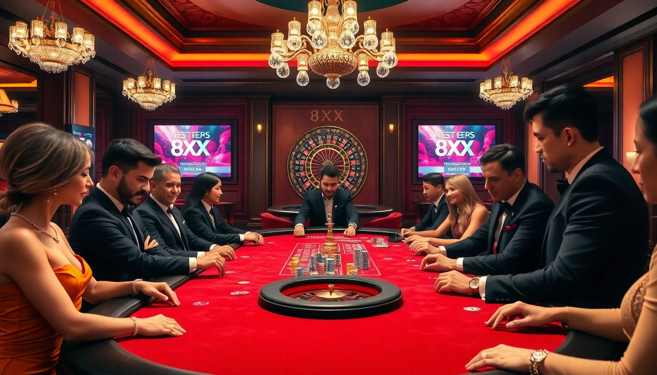 8XX betting excitement captured at a luxurious poker table in a glamorous casino setting.