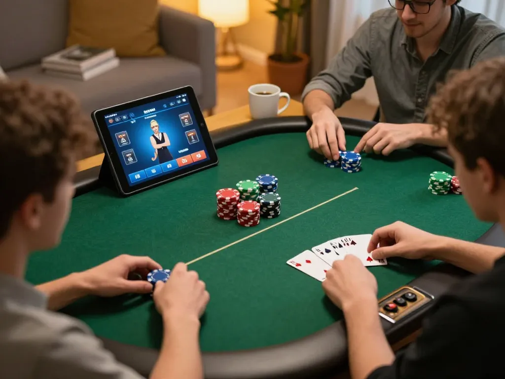 Engaged player enjoying online poker on Hello88 with vibrant chips and cozy setting.