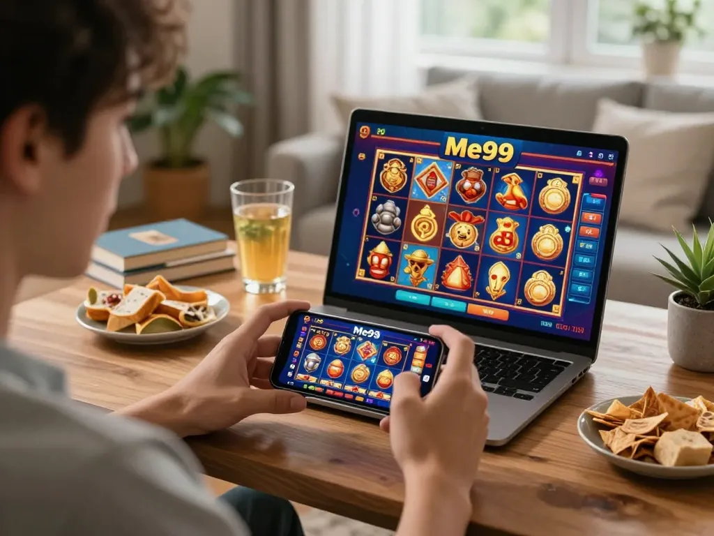 Engage with Me99 in an immersive mobile casino experience using a smartphone for gaming at home.