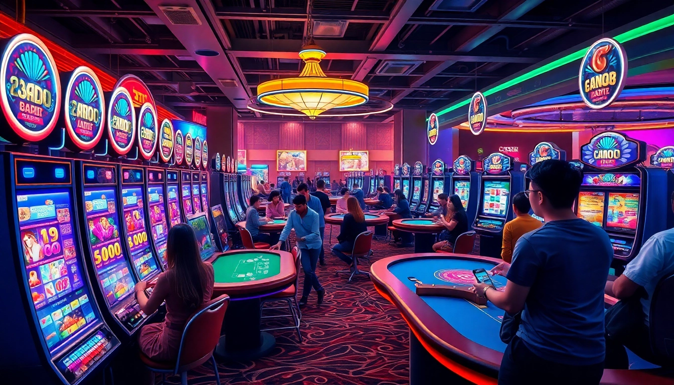 Engaging scene of digital gaming excitement featuring nk88 with players and vibrant casino visuals.