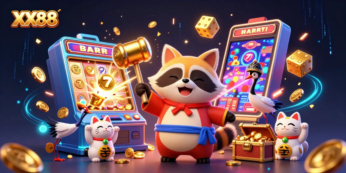 XX88 engages players with vibrant casino games and cheerful characters in a 3D illustration.