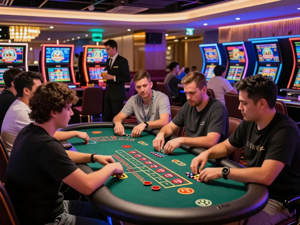 Engaged players enjoying various games at Okwin casino, vivid atmosphere highlighting the excitement of online gambling.
