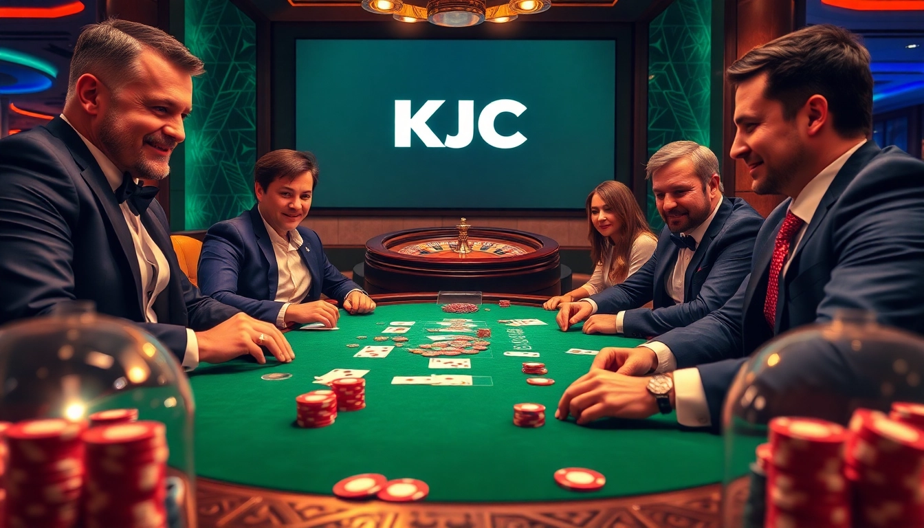KJC poker players strategizing at a luxury casino table with vibrant chips and cards.