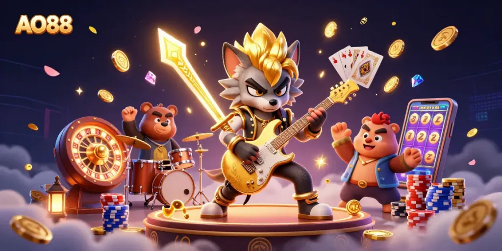 Engage in the exhilarating AO88 casino experience with vibrant characters and dazzling gaming elements.