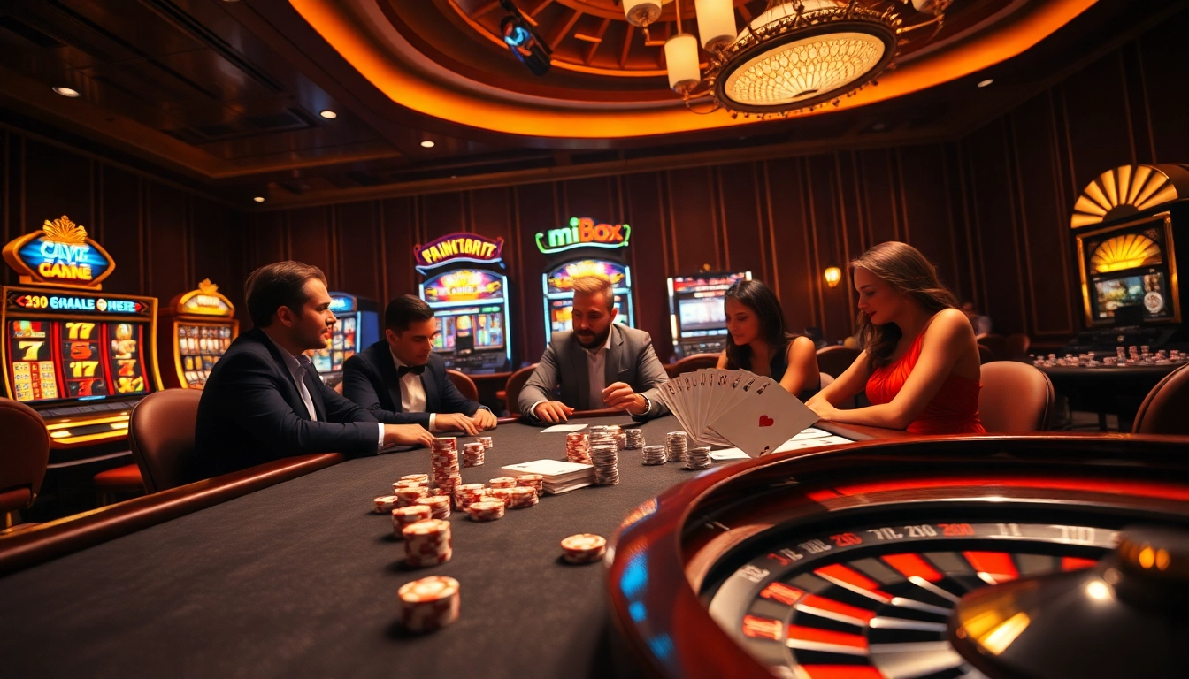 Players enjoying a thrilling poker game at mi88's luxurious casino setting.