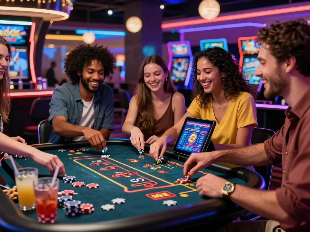 Friends enjoying gaming at Hitclub, showcasing link hitclub mới nhất and vibrant casino atmosphere.