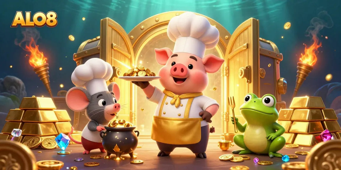 Engage with ALO8 in a vibrant 3D gaming illustration featuring gold coins, treasures, and chefs.