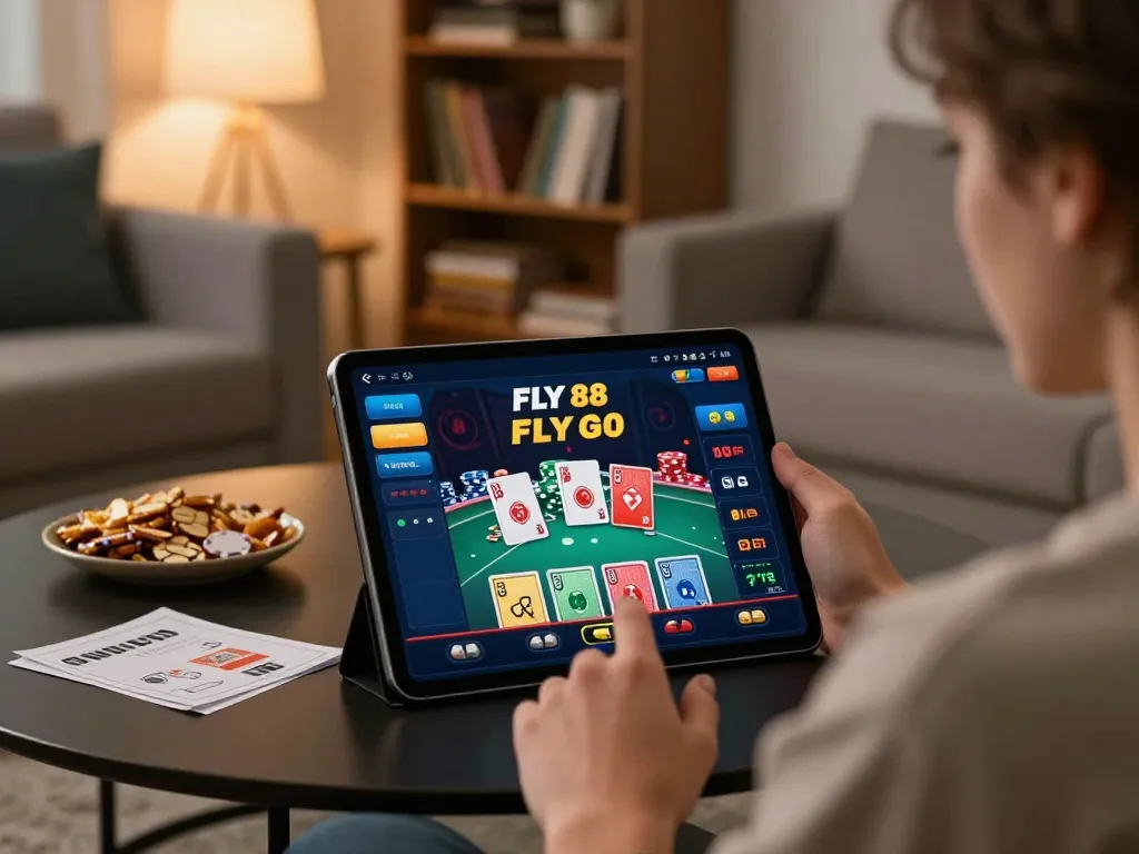Person strategizing on the FLY 88 casino app in a cozy home setting.