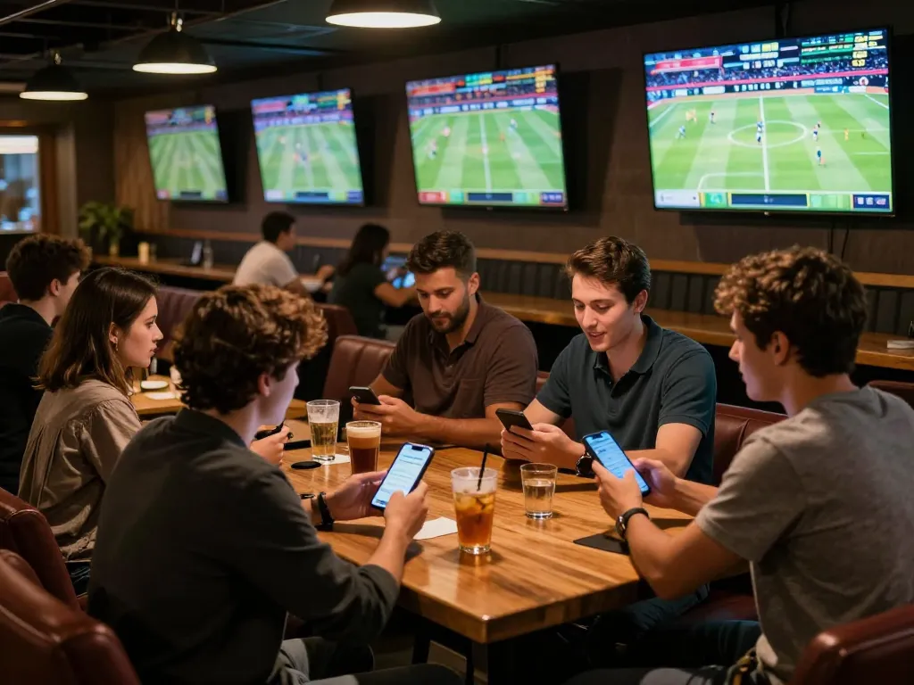 Interactive sports betting scene demonstrating ty le keo nha cai with enthusiasts engaged in strategy discussions.