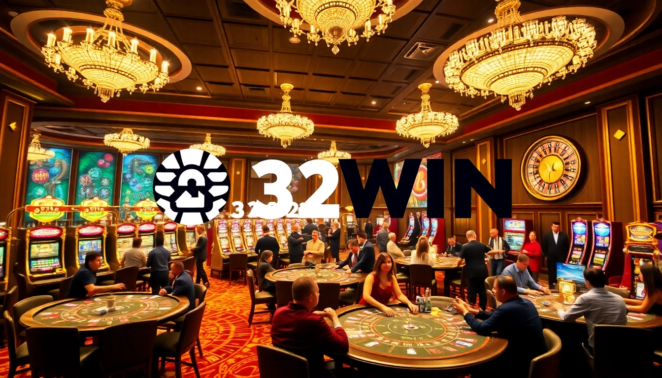 32WIN players enjoying an exciting gaming experience at a vibrant casino with tables and slot machines.