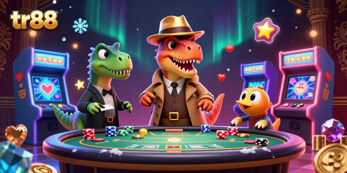 tr88 velociraptor card counter at blackjack table while a stegosaurus pit boss supervises play
