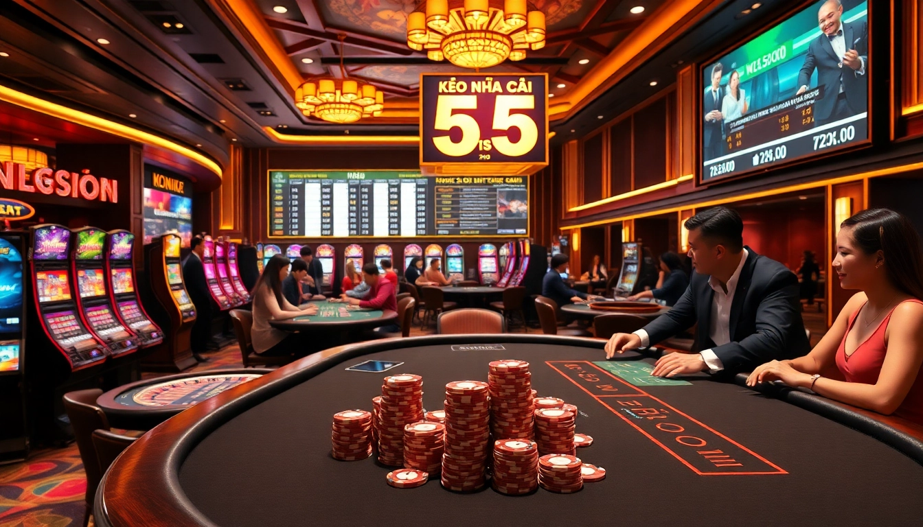 Kèo nhà cái 5 betting scene with lively casino tables, players engaged in high stakes.