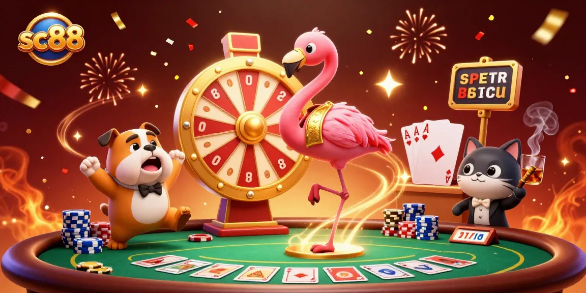Experience sc88 excitement with a vibrant 3D casino scene filled with colorful poker elements.