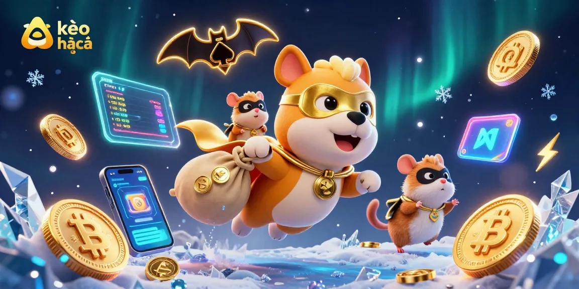 Experience kèo nhà cái with a heroic scene featuring a dog and hamster surrounded by gold coins and crypto symbols.