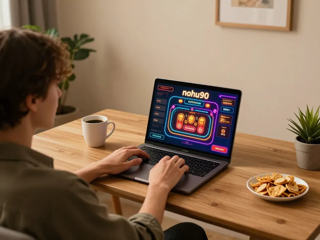 Player enjoying nohu90 online casino gaming on laptop, showcasing an immersive and engaging experience.