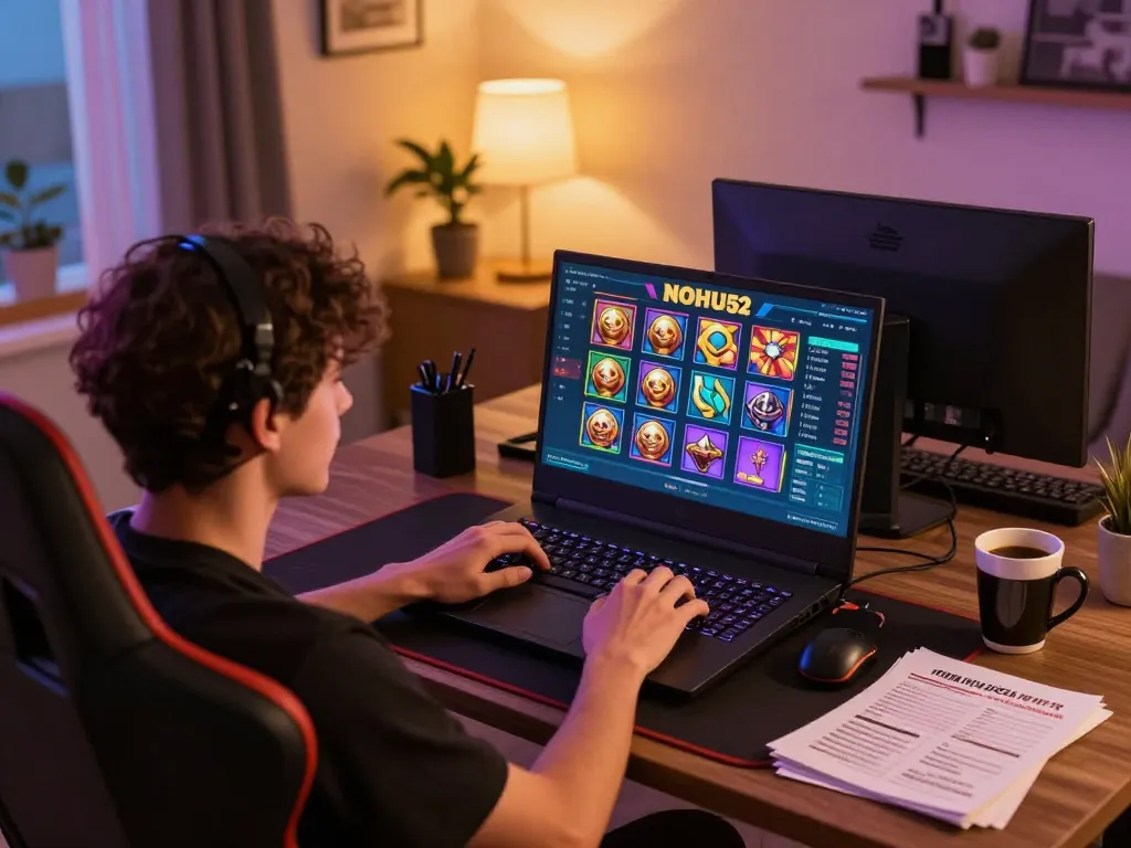 Engaging gaming session on NOHU52 slots at home with vibrant display and strategy notes