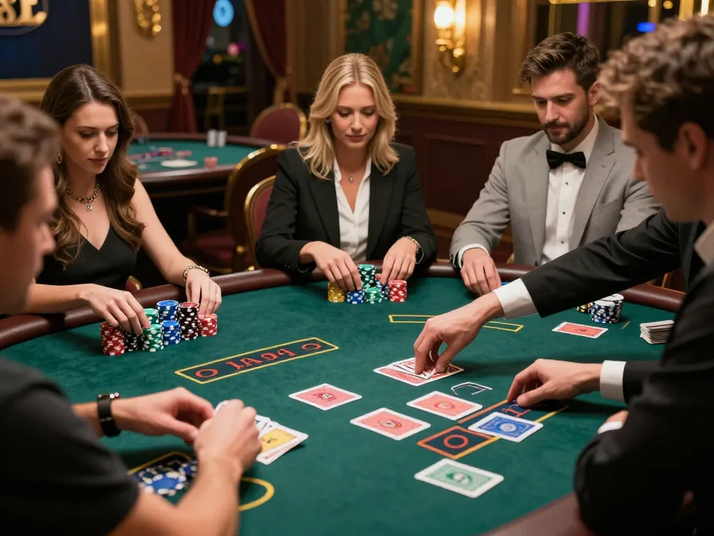 Players engage strategically in blackjack at a casino table, showcasing HM88 thrills and sophisticated gameplay
