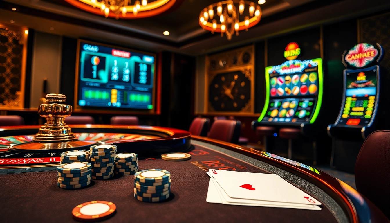 Experience exciting gameplay at KJC as players engage with casino tables and vibrant poker chips.