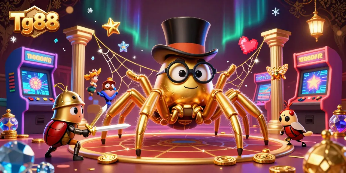 Tg88 offers a vibrant online gambling experience, featuring a daring beetle knight confronting a golden spider amidst casino delights.