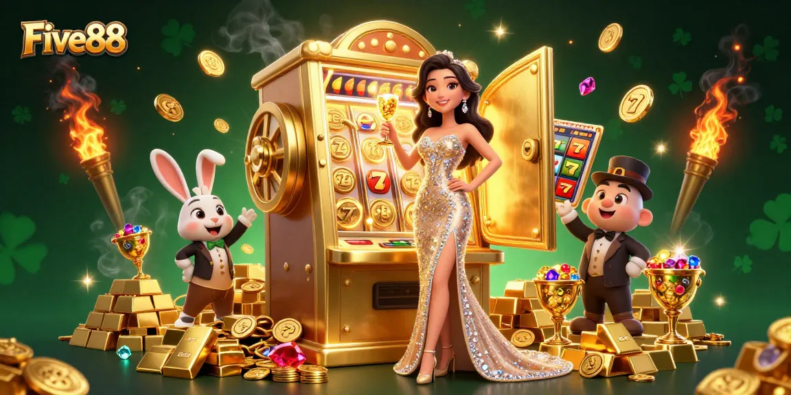 Experience thrilling wins at Five88 with a glamorous woman beside an exploding jackpot slot machine.