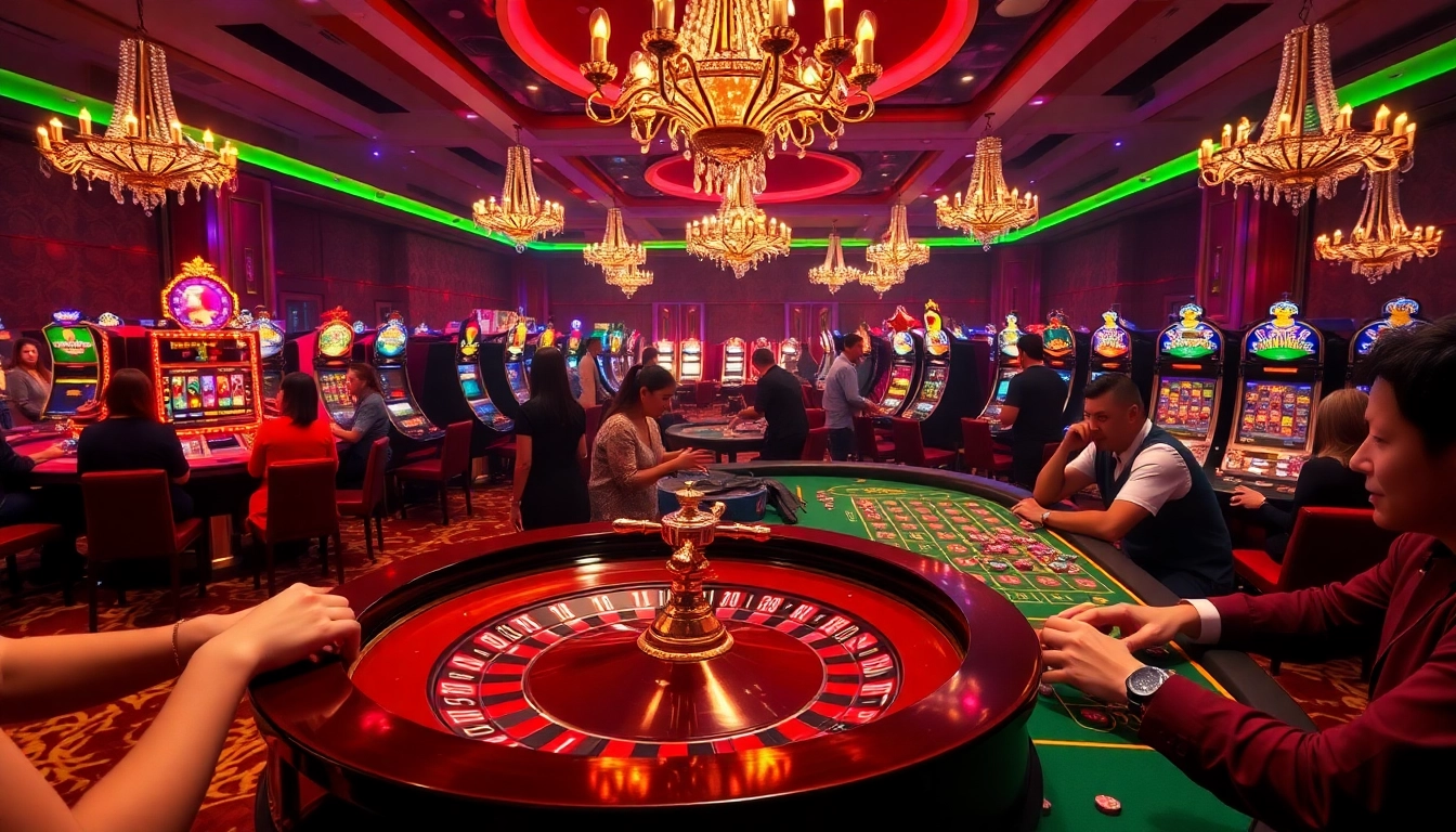 Engage with OKKING in a luxurious casino atmosphere featuring roulette and slot machines.