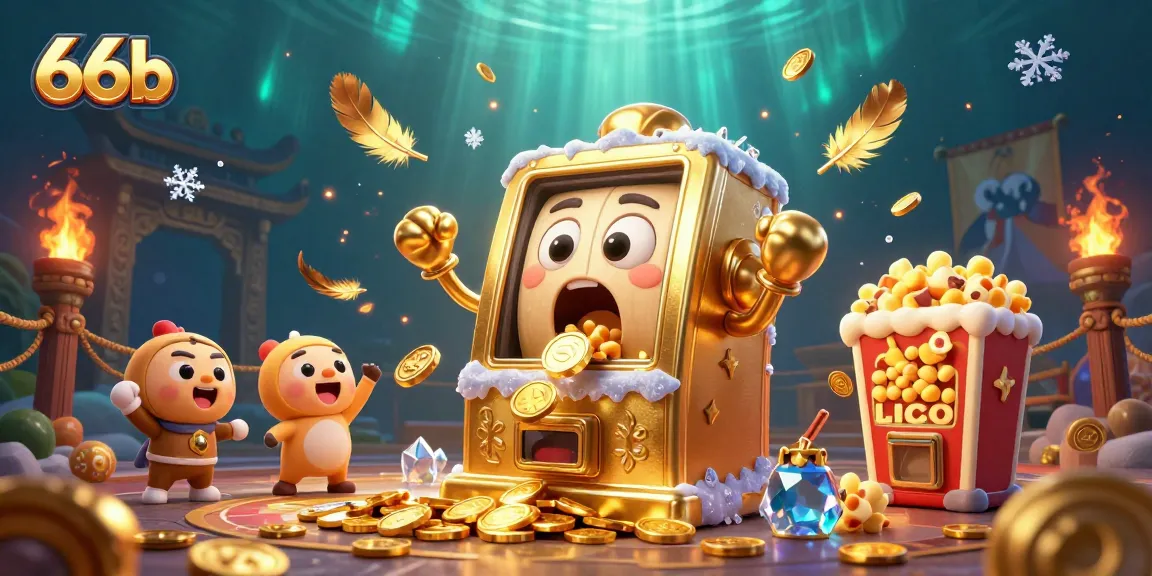 Watch 66b's golden slot machine celebrate a jackpot with coins flying everywhere in a vibrant casino scene.