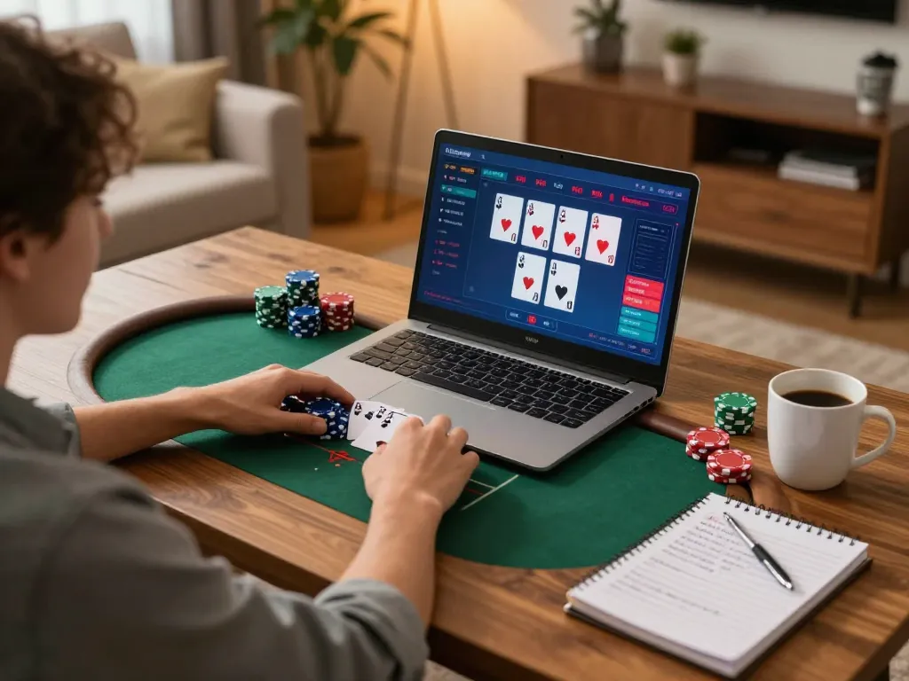f168 players strategizing in a cozy home setting while playing poker online