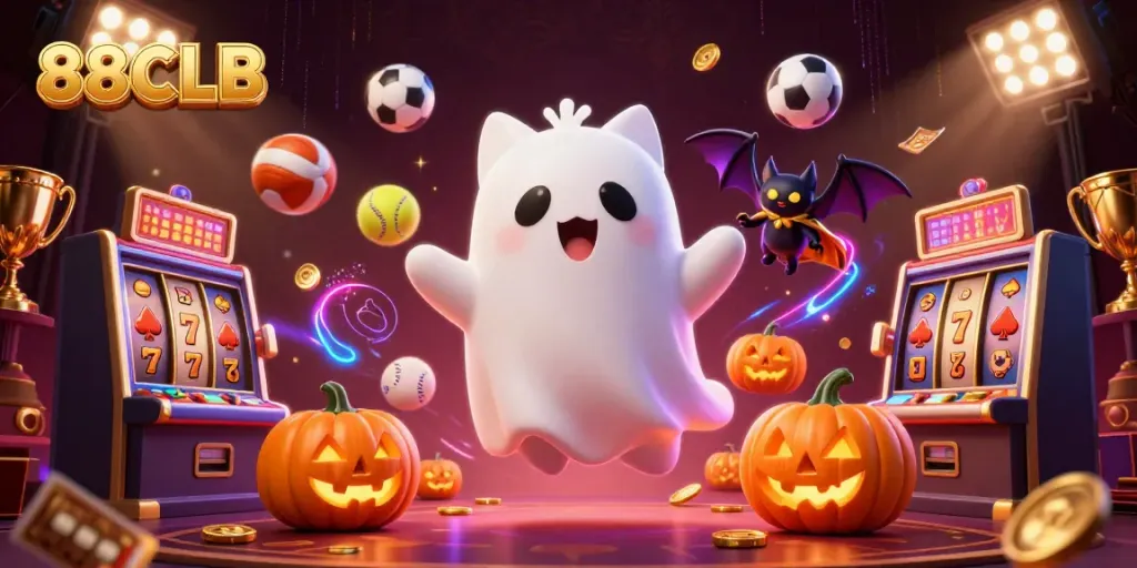 Experience thrilling gambling fun with 88CLB's spooky ghost cat and dynamic casino elements.