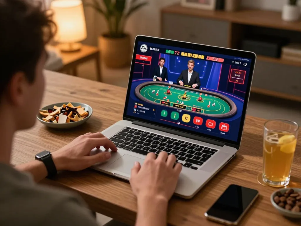Player enjoying EA77 live casino games on a laptop in a cozy home setting.
