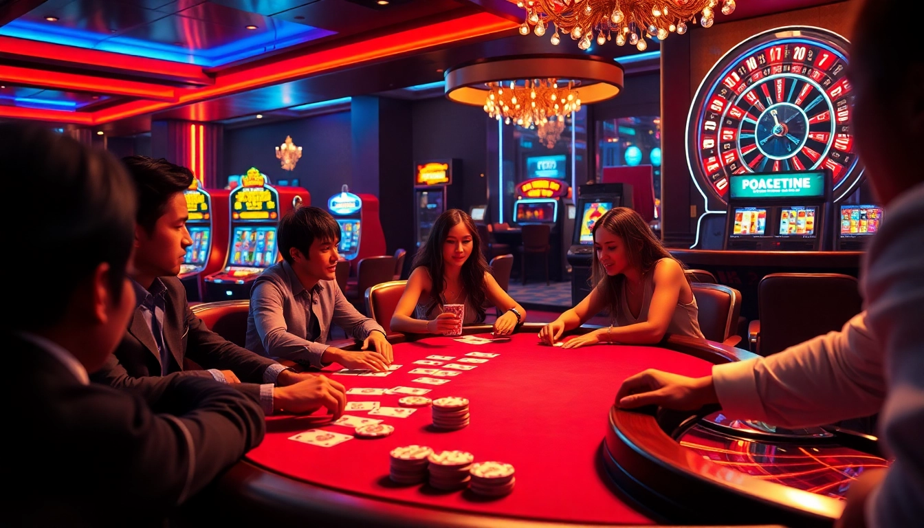 Players enjoying an exhilarating poker game at XX88 casino, surrounded by vibrant slot machines.