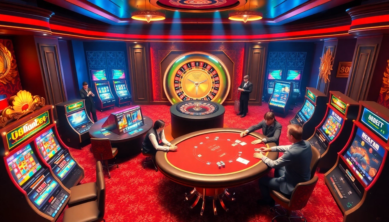 Exciting gaming action at 88bet with poker and slot machines in a luxurious casino atmosphere.