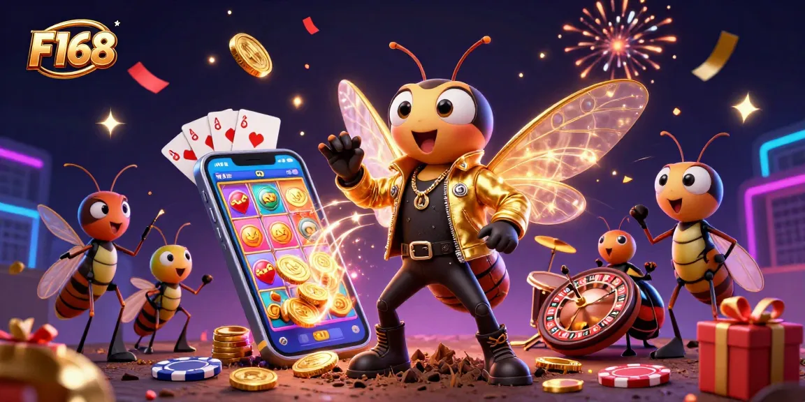 Experience F168 with a vibrant 3D casino scene featuring a rock star cicada, slot games, and festive elements.